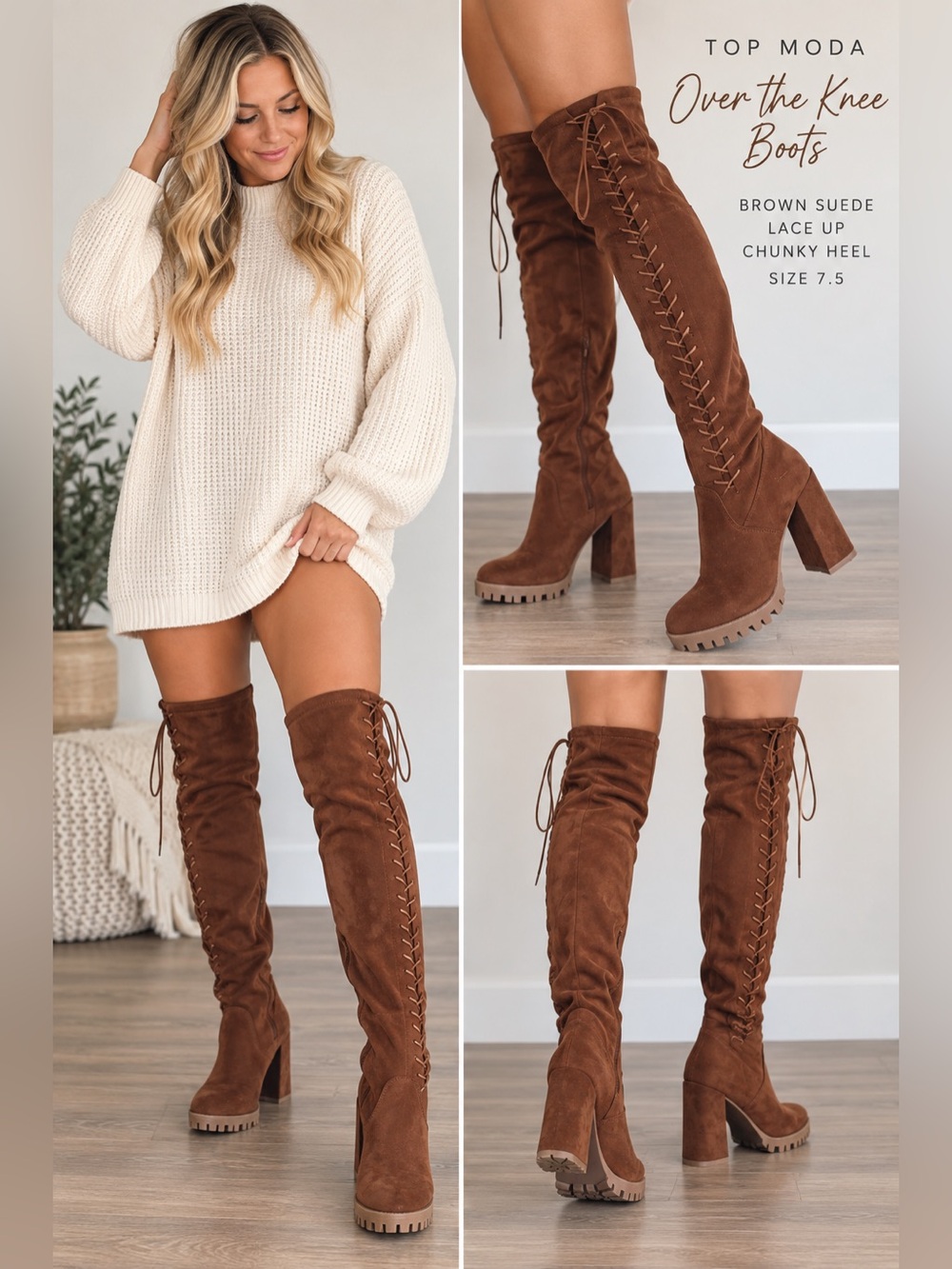 Top Moda Over the Knee Boots Brown Suede Lace Up Chunky Heel Size 7.5